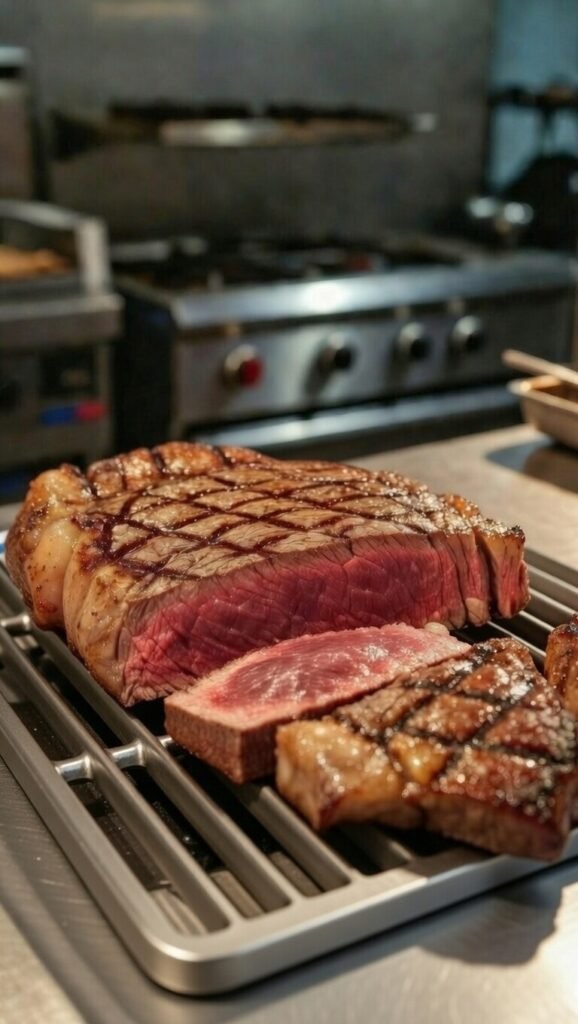 Corte de baby beef perfectamente sellado y reposado, mostrando el término