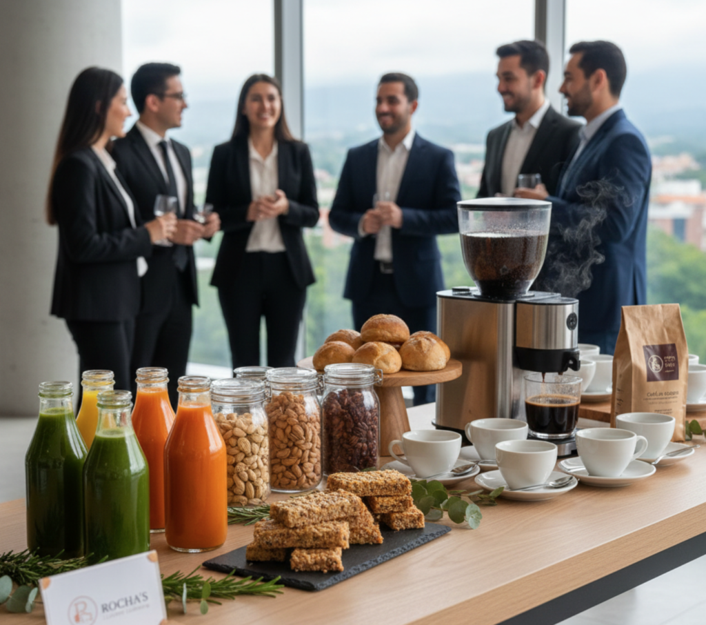 Estación de Coffee Break para empresas en Bogotá con jugos naturales y snacks saludables organizada por Rocha’s Luxury Catering.