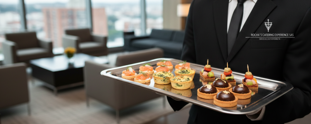 Servicio de Finger Food de lujo en un evento corporativo en el Edificio Atrio, Bogotá.