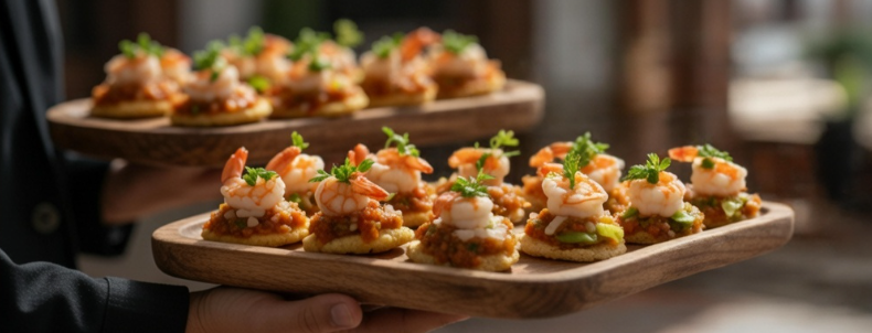 Variedad de pasabocas para eventos Bogotá con presentaciones de autor servidos en una recepción corporativa.