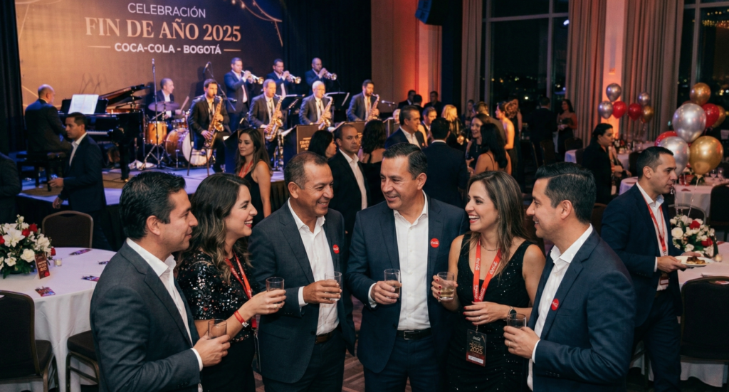 Ejecutivos en Bogotá celebrando fiesta de fin de año con orquesta en vivo y catering de alto nivel.
