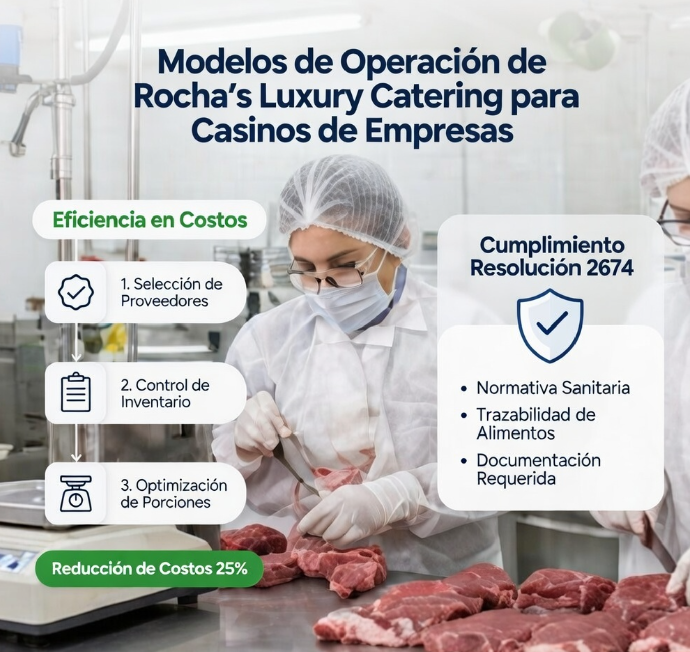 Infografía técnica sobre el cumplimiento de la Resolución 2674 en la administración de casinos corporativos.