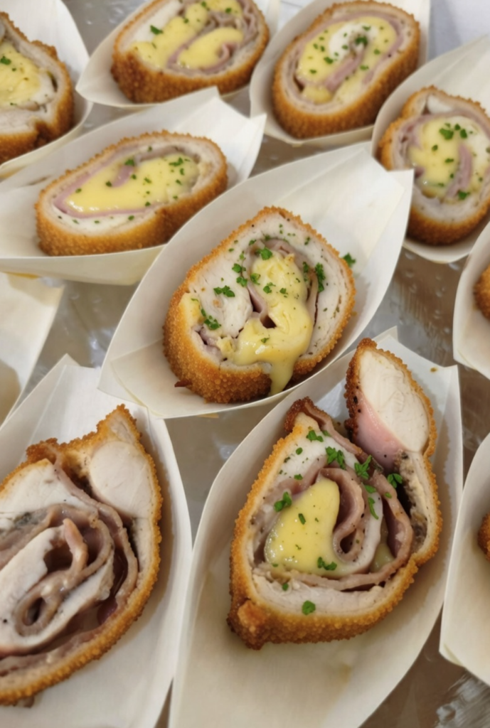 Servicio de pasabocas gourmet en Bogotá con medallones de Cordon Bleu preparados por Rocha's Catering.