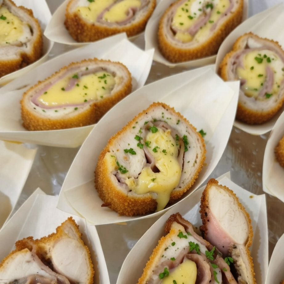 Servicio de pasabocas gourmet en Bogotá con medallones de Cordon Bleu preparados por Rocha's Catering.